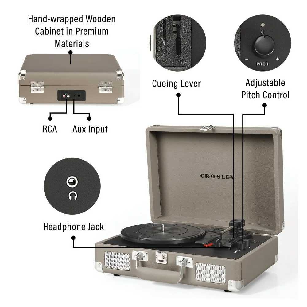 The back view of the Crosley Cruiser Plus Portable Turntable with Bluetooth InOut - Taupe displays its premium materials, RCA ports, and headphone jack