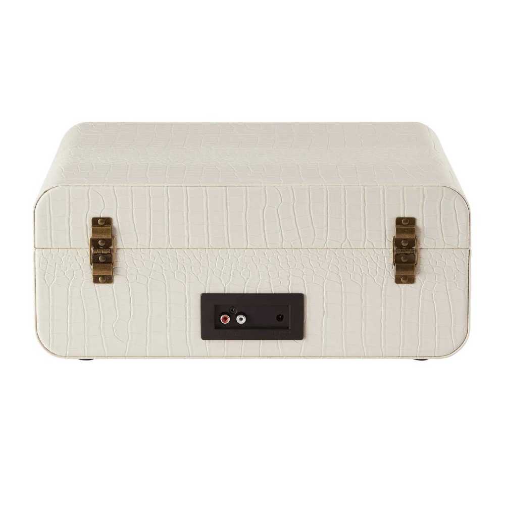 The back view of the Crosley Mercury Portable Turntable - Cream Croc shows the cream croc finish with RCA output ports and metal clasps for secure closure