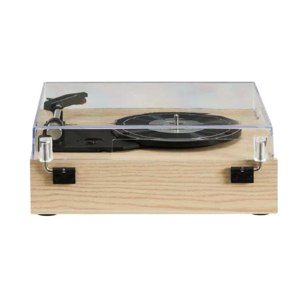 The back view of the Crosley Scout Turntable - Natural shows the clear dust cover locked, emphasizing its natural wood grain finish and hinge design