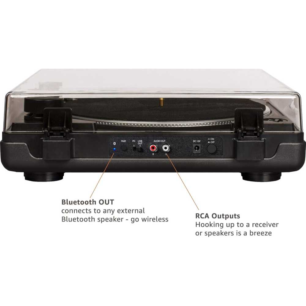 The back view of the Crosley T400D Component Bluetooth Turntable - Black highlights its Bluetooth OUT function and RCA outputs