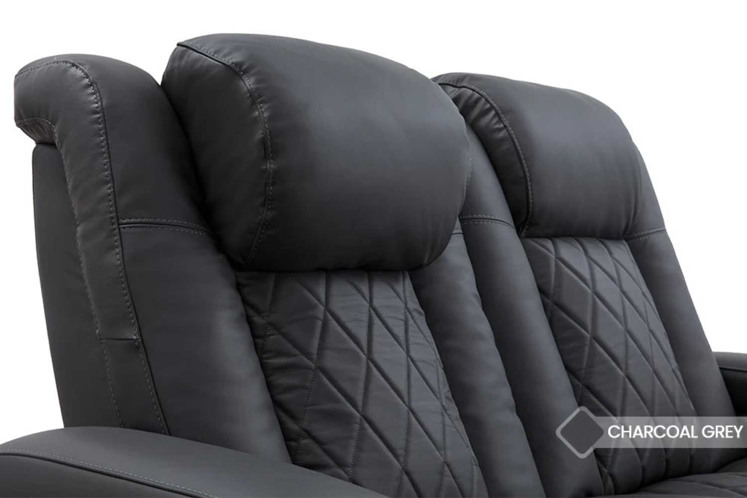 The charcoal grey leather finish of Valencia Tuscany Home Theater Seating