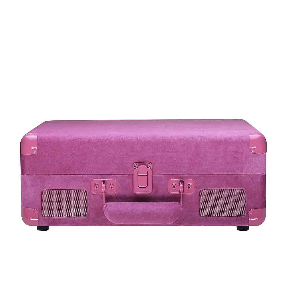 The closed Arkrocket Curiosity Suitcase Bluetooth Turntable (Hot Pink Velvet) resembles a suitcase with a handle and metal latches