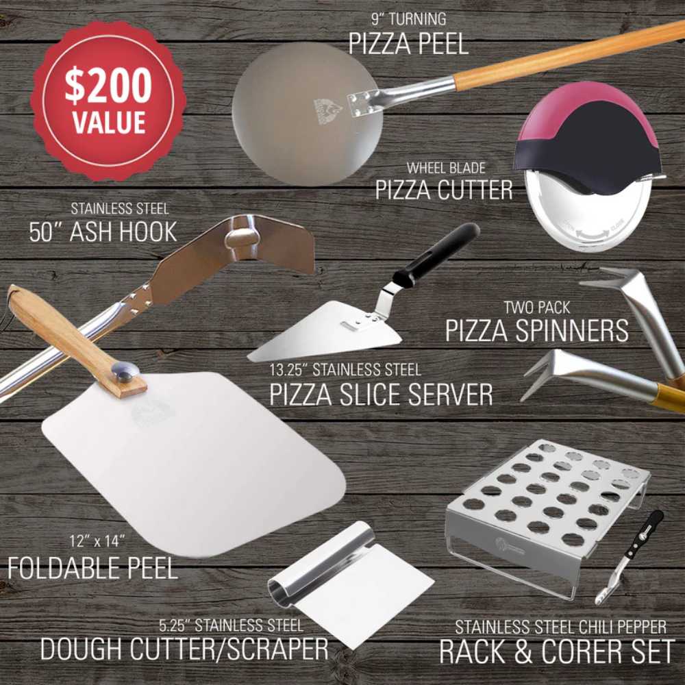 The complete Chicago Brick Oven – The Enthusiast Accessories Package valued at $200, featuring multiple pizza-making tools