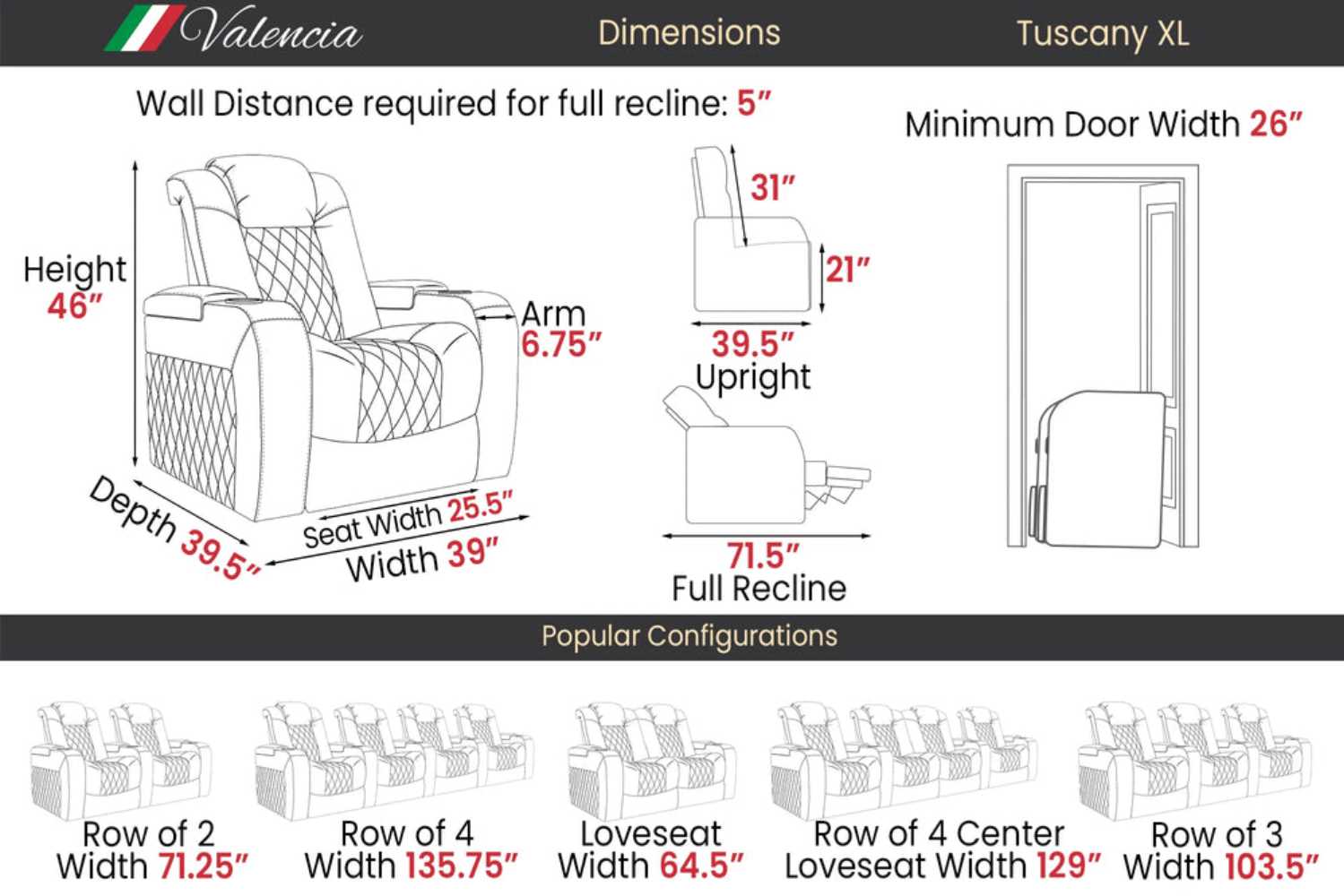 The dimensions and reclining configurations of Valencia Tuscany XL Home Theater Seating