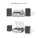 The dimensions diagram for the Crosley Sloane Shelf System - Black shows the turntable and speaker measurements