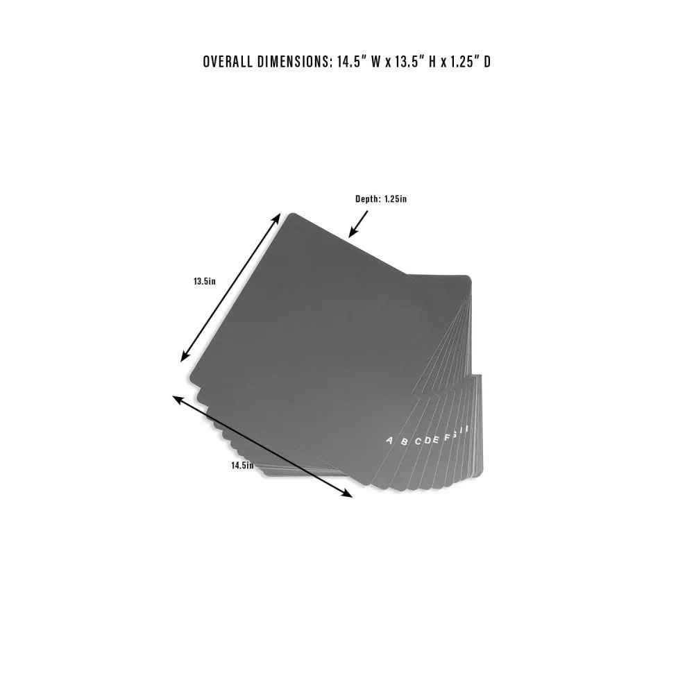 The dimensions for the Crosley A-Z Vinyl Dividers - Black, measuring 14.5 inches wide, 13.5 inches high, and 1.25 inches deep