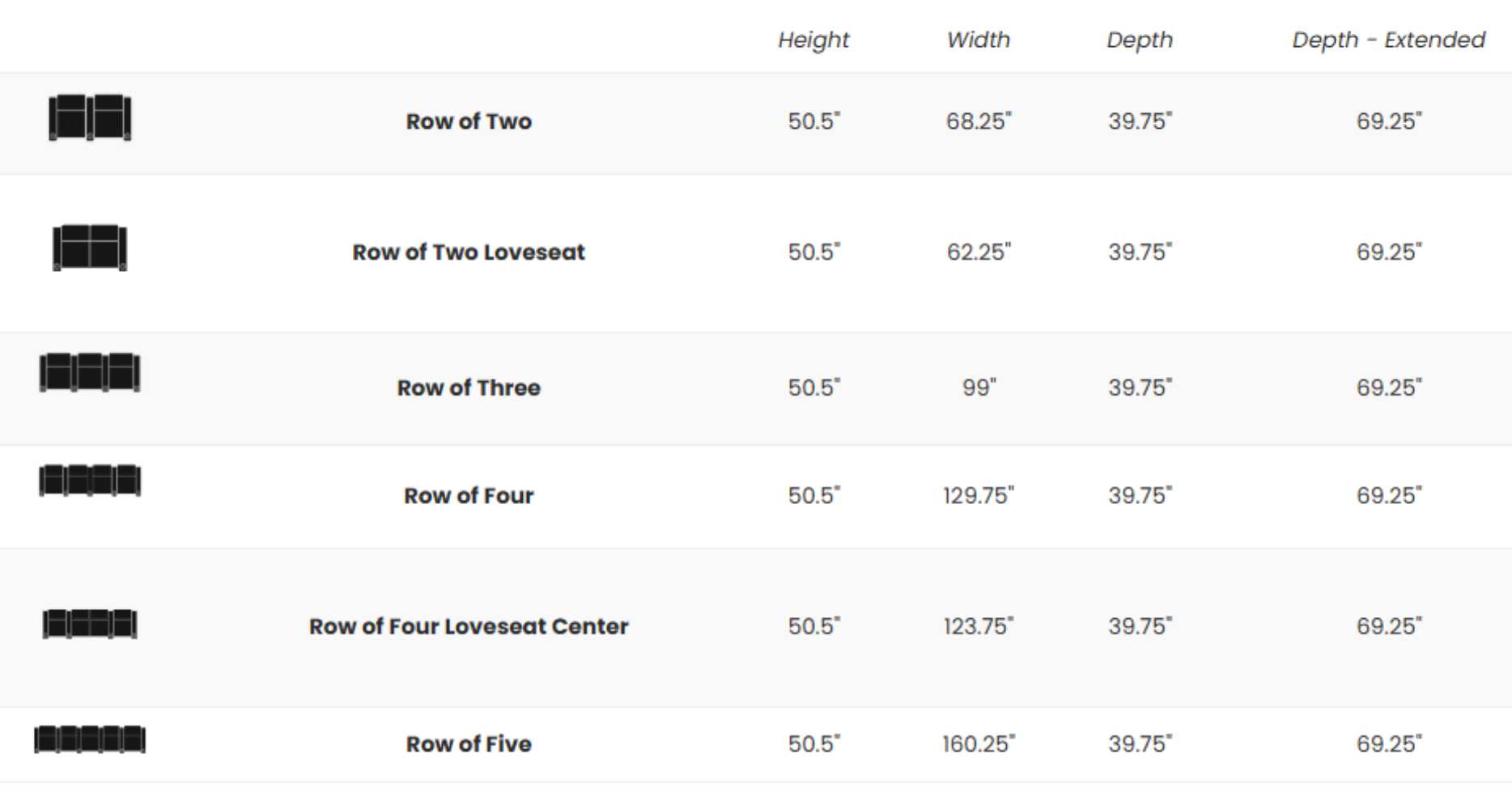 The dimensions for various configurations of the Valencia Tuscany Theater Seating with Risers