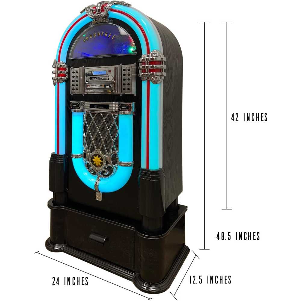 The dimensions of Arkrocket Taurus II Jukebox with Stand - Black 2024 New Upgrade with 48.5 inches tall, 24 inches wide, and 12.5 inches deep