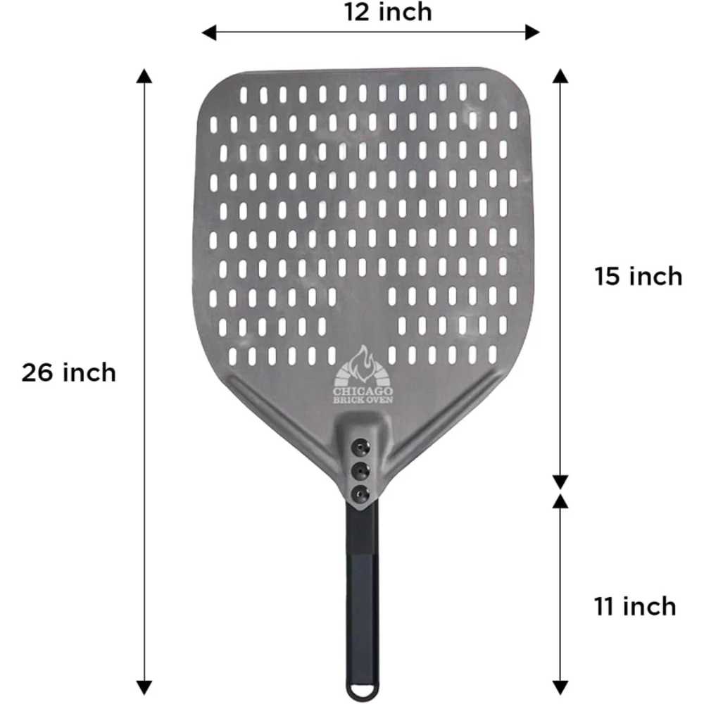 The dimensions of the Chicago Brick Oven 12x15 Perforated Pizza Peel, illustrating its 12-inch width, 15-inch height, and 26-inch total length