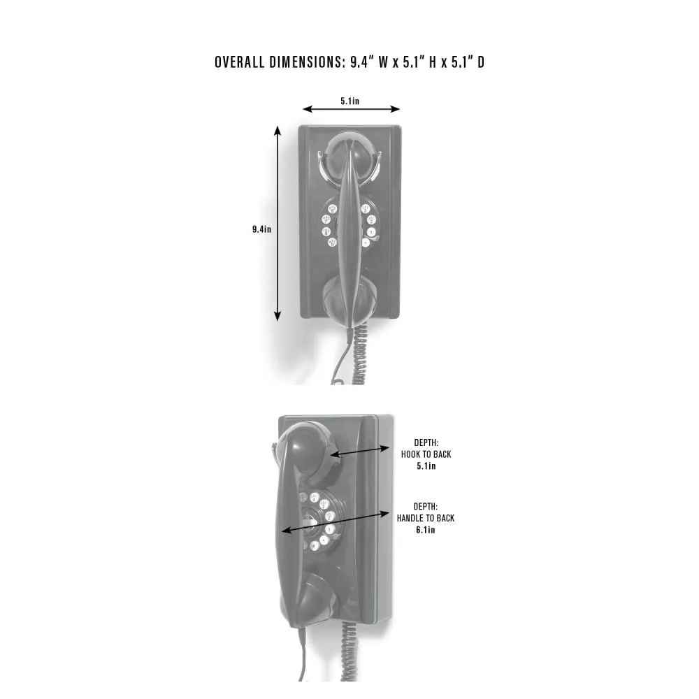 The dimensions of the Crosley 302 Wall Phone - Red, measuring 9.4 inches tall, 5.1 inches wide, and 6.1 inches deep including the handle