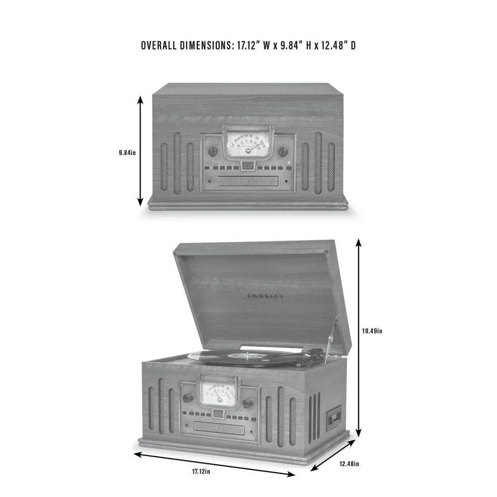 The dimensions of the Crosley Musician Entertainment Center - Walnut are shown with measurements of 17.12 inches wide, 9.84 inches tall, and 12.48 inches deep