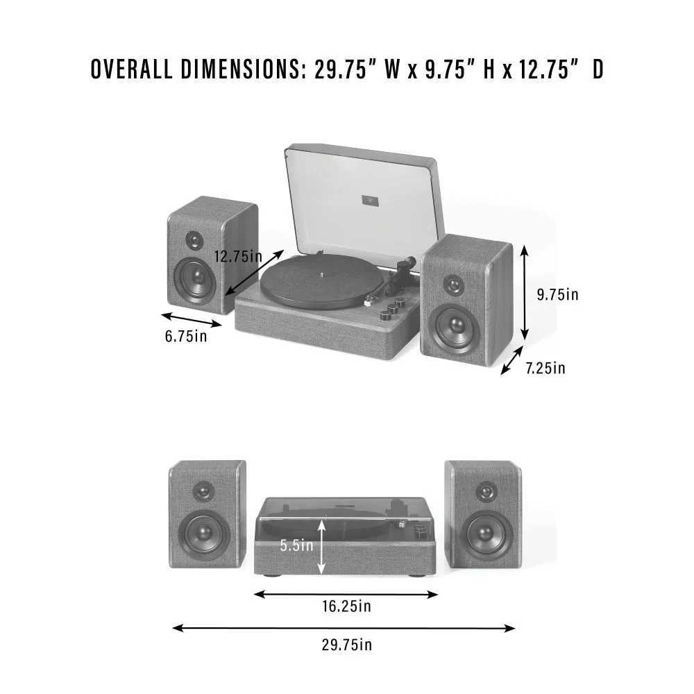 The dimensions of the Crosley Nocturne Record Player With Speakers - Charcoal are presented, measuring 29.75 inches wide, 9.75 inches high, and 12.75 inches deep