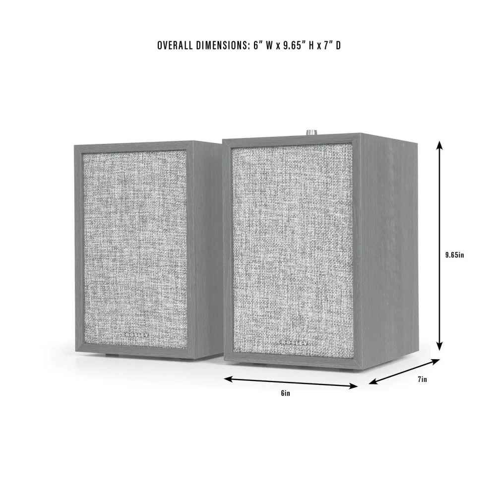 The dimensions of the Crosley S200 Stereo Powered Speakers - Walnut are shown as compact and practical for home use