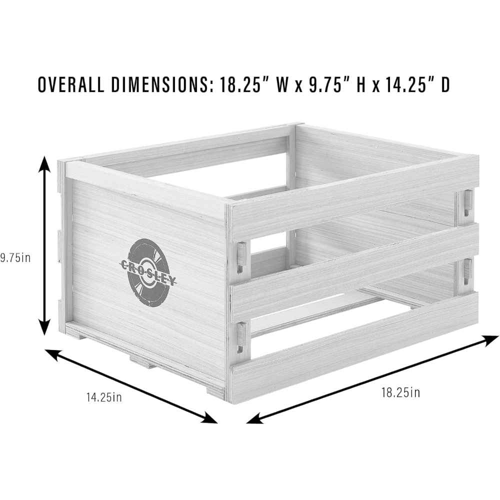 The dimensions of the Crosley Tool-less Assembly Record Storage Crate - Natural, measuring 18.25” W x 9.75” H x 14.25” D