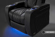 The elegant ambient lighting feature at the base of the deep indigo Valencia Tuscany Vegan Edition Home Theater Seating