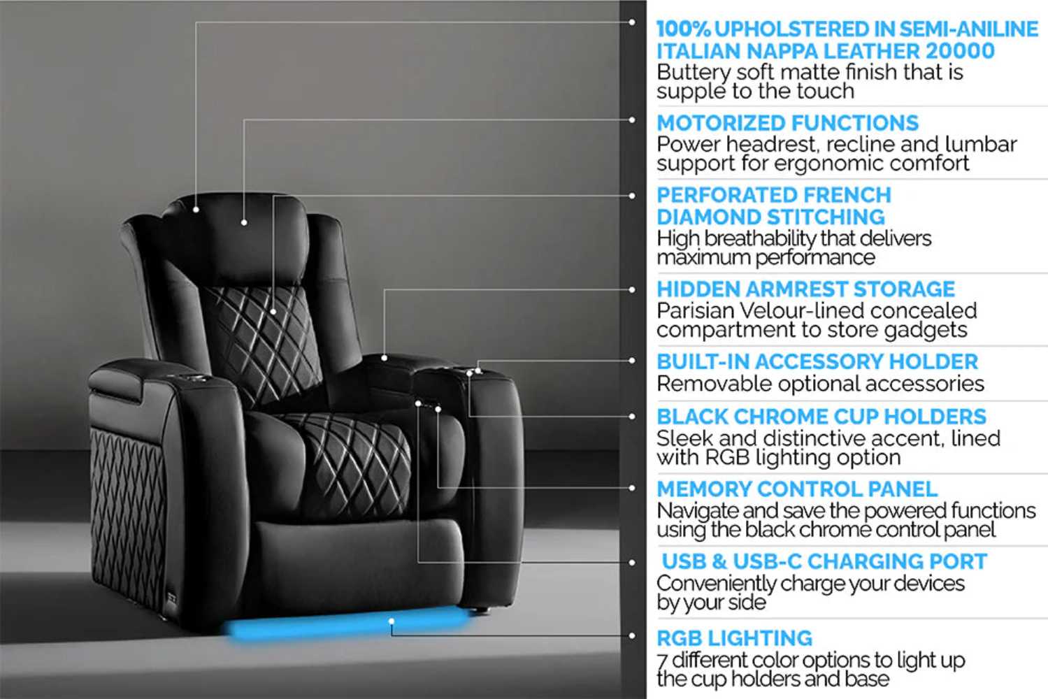 The features of the Valencia Tuscany Ultimate Edition Home Theater Seating, including diamond stitching, motorized functions, and concealed storage