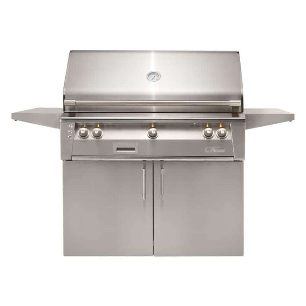 The front-facing design of the Alfresco Grills 42″ Luxury Grill Standard Cart Model highlights its sleek construction, illuminated knobs, and sturdy side shelves