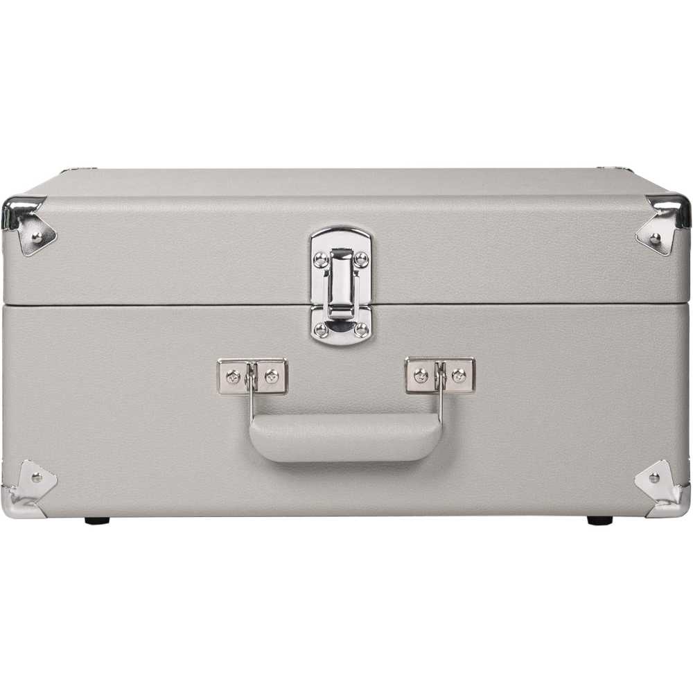 The front of the Crosley Anthology Portable Turntable - Gray, closed with a carrying handle and secure latches