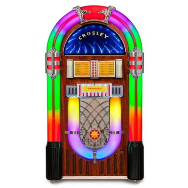 The front of the Crosley Digital LED Jukebox with Bluetooth - Walnut, highlighting its colorful LED lights and detailed retro design