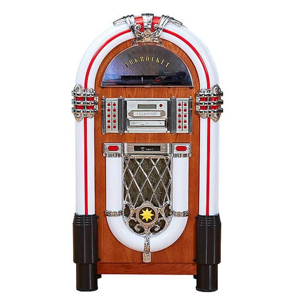 The front view of Arkrocket Taurus II Jukebox - Maple 2024 New Upgrade displays with wood paneling, illuminated buttons, and a central speaker grill