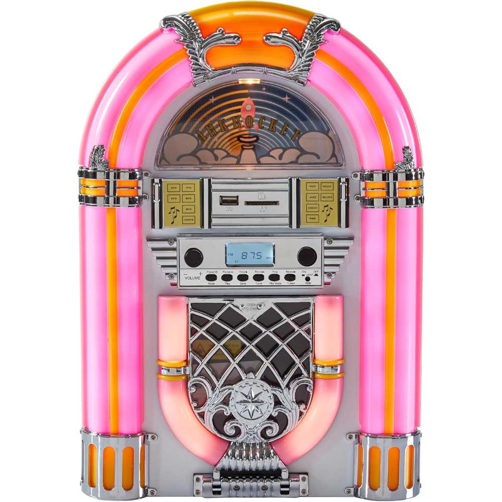 The front view of the Arkrocket Athena Mini Jukebox Tabletop CD Player Bluetooth Speaker (PinkWhite) showcases its retro design