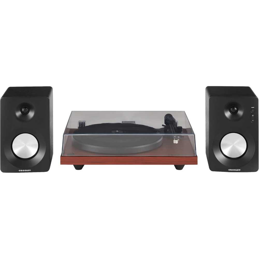 The front view of the Crosley KT6101 K-Series Turntable System - Mahogany displays the turntable with its dust cover closed and speakers symmetrically positioned