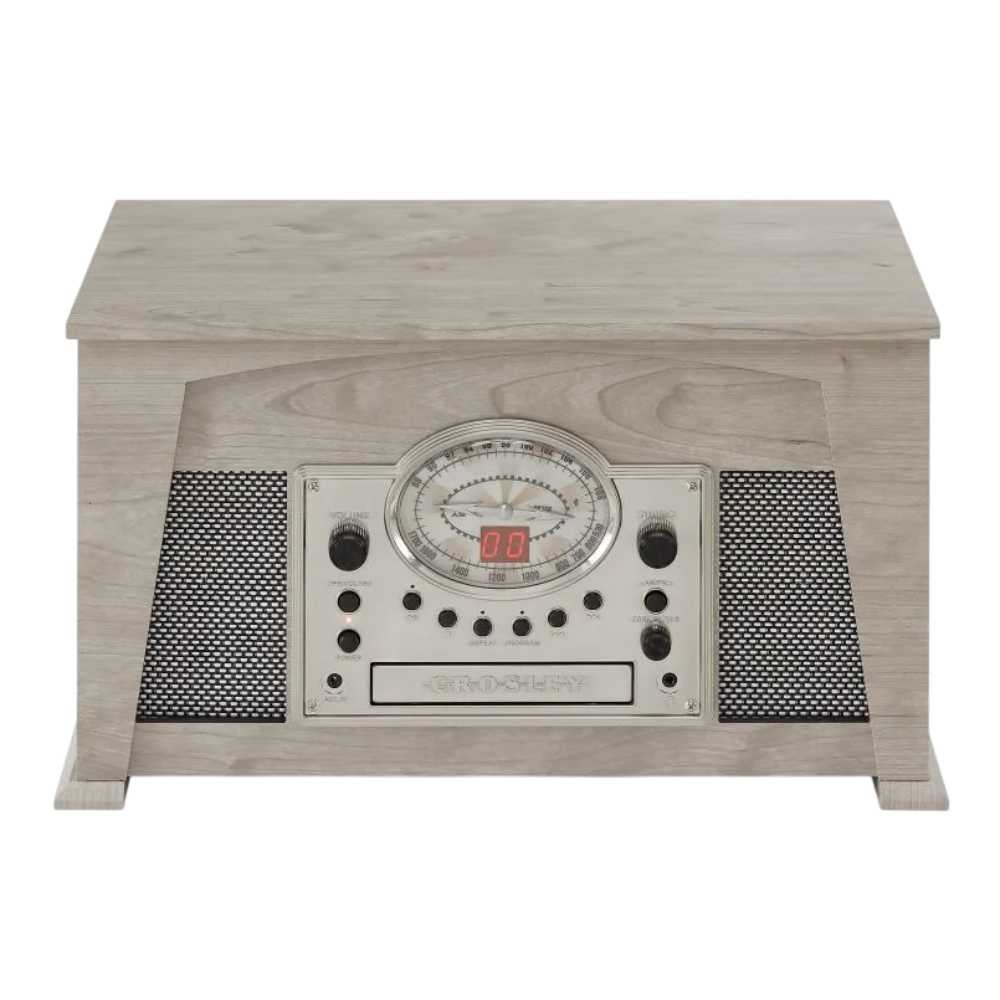 The front view of the Crosley Medley Entertainment Center - Gray showcases vintage-style dials, built-in speakers, and a CD slot