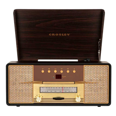 The front view of the Crosley Rhapsody Entertainment Center - Mahogany reveals its vintage-style control panel with gold accents and built-in stereo speakers