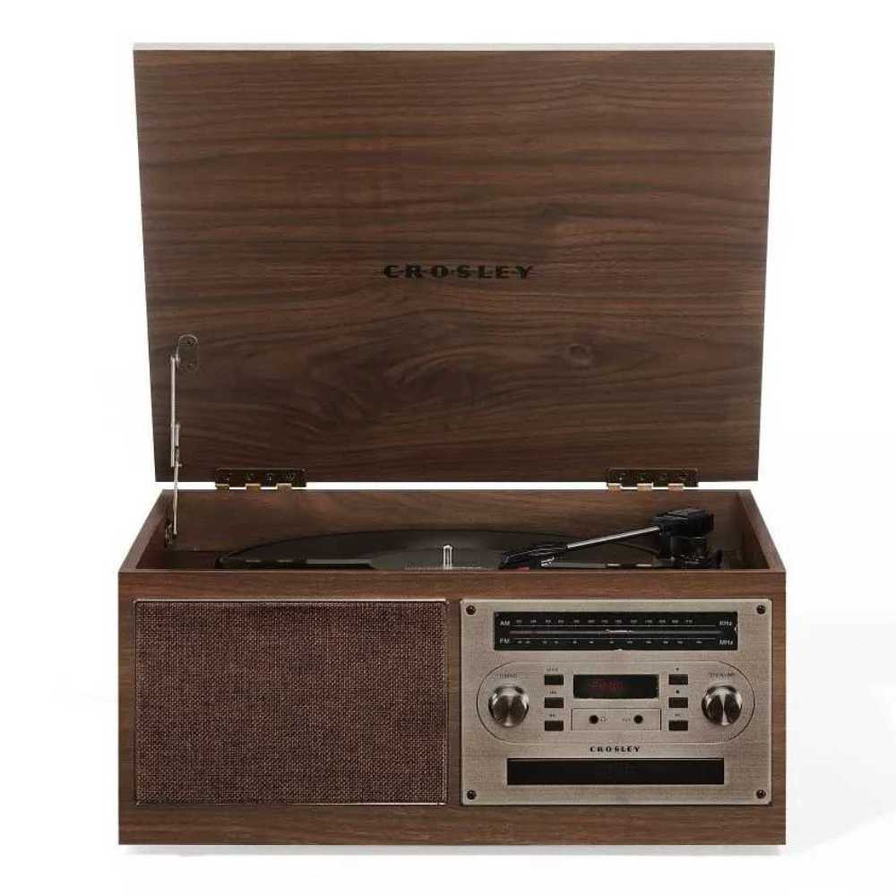 The front view of the Crosley Serenade 8-In-1 Record Player - Walnut with the lid open reveals the turntable, control panel, and speaker grille