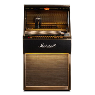 The front view of the Marshall Rocket CD Jukebox - Black shows a sleek black and gold retro design with visible controls and disc storage