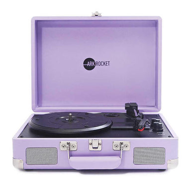 The front view of the open Arkrocket Curiosity Suitcase Bluetooth Turntable (Lavender) shows the lavender-colored case with built-in speakers on both sides