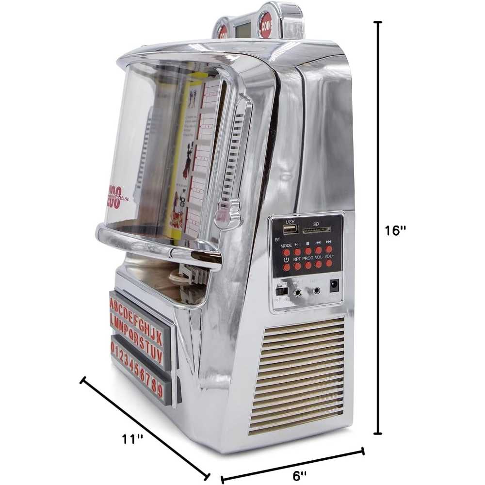 The full side view of Arkrocket 200 Wall-O-Matic Table Jukebox Wallbox Bluetooth Speaker Radio with its dimensions