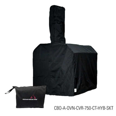 The fully covered oven with the Chicago Brick Oven Heavy-Duty Outdoor Cover for CBO Hybrid Ovens, including a protective chimney section and a branded storage pouch