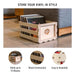 The highlights the Crosley Record Storage Crate - Natural near a sofa, showcasing its capacity to hold up to 75 vinyl records