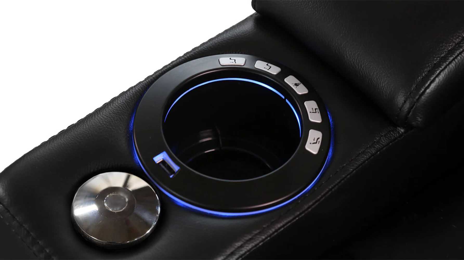 The illuminated control cup holder of the Valencia Venice Console Home Theater Seating, complete with buttons