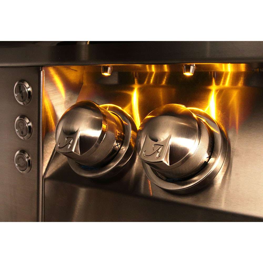 The illuminated control knobs of the Alfresco Grills 56″ Deluxe Grill Standard Cart Model