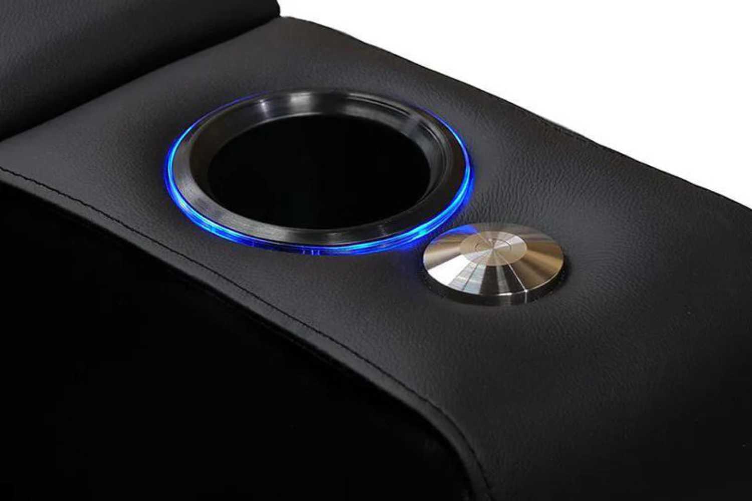 The illuminated cup holder of the Valencia Piacenza Power Headrest Edition Home Theater Seating