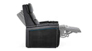 The image demonstrates the full recline feature of the Valencia Monza Pillow Top Carbon Fiber Home Theater Seating