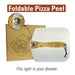 The image displays the Chicago Brick Oven 12 x 14 Aluminum Pizza Peel with Foldable Wooden Handle folded for easy storage