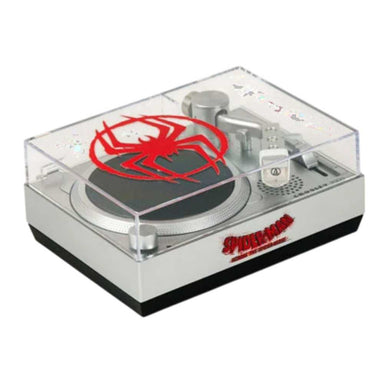 The image displays the Crosley Spider-Man RSD3 Mini Turntable with 3 inch Releases, a compact silver turntable with a red Spider-Man logo on the transparent dust cover