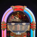 The image features a close-up of the top portion of Arkrocket x Elvis Presley Saturn V Full Size Jukebox with Stand with a detailed portrait of Elvis Presley above the jukebox controls