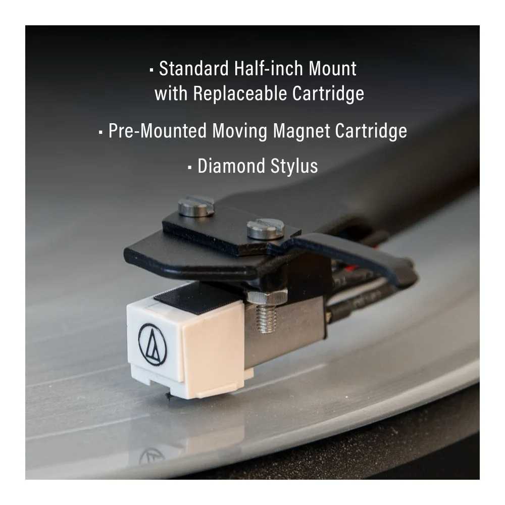 The image focuses on the Crosley C62C Turntable System - Black, featuring a close-up of the diamond stylus and replaceable moving magnet cartridge