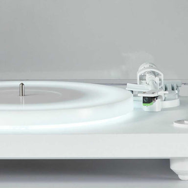 The image focuses on the tonearm and platter of Arkrocket Polaris II Bluetooth Turntable with 40W Bookshelf Speaker and LED Lighting System