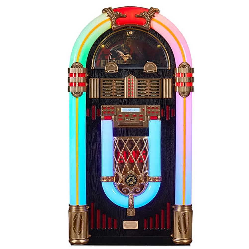 The image highlights Arkrocket x Elvis Presley Saturn V Full Size Bluetooth Vinyl Record Jukebox fully lit with colorful neon lights