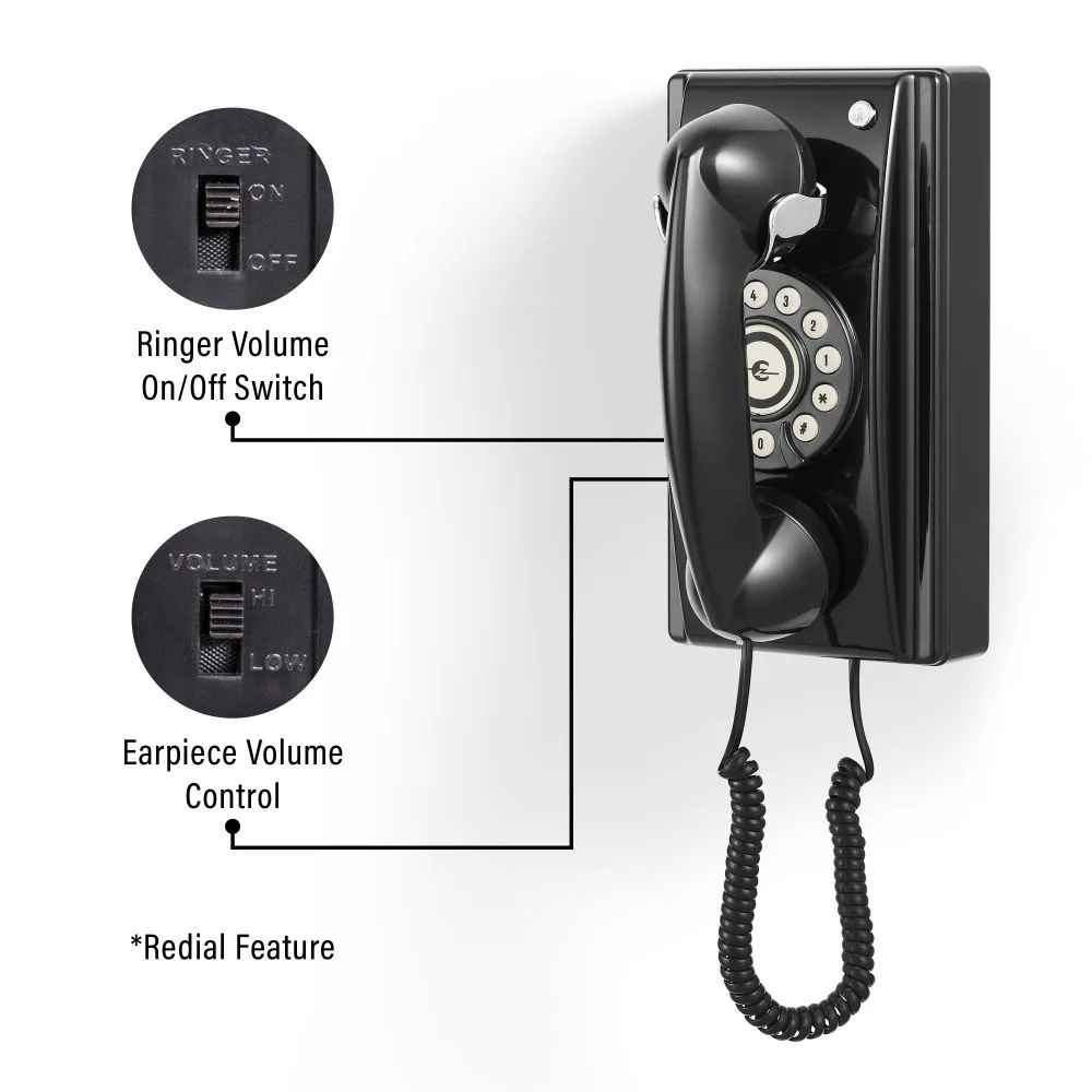 The image highlights the Crosley 302 Wall Phone - Black with labeled controls for ringer onoff and earpiece volume adjustment, plus a redial feature