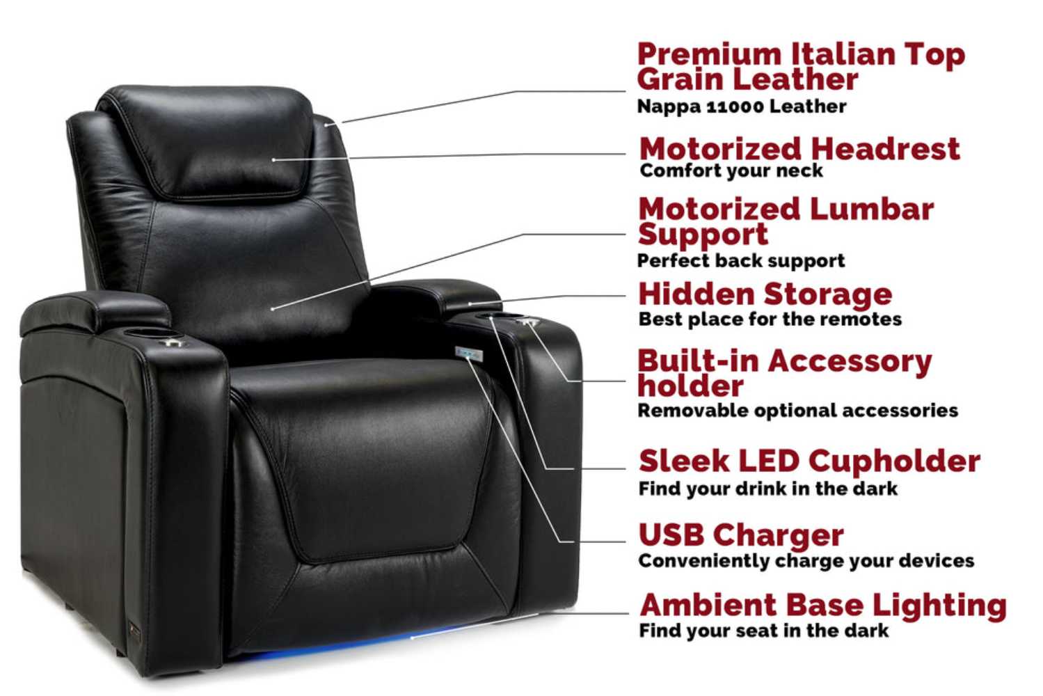 The image highlights the features of the Valencia Oslo Modern Home Theater Seating, including motorized lumbar support, premium leather, hidden storage, and USB charging