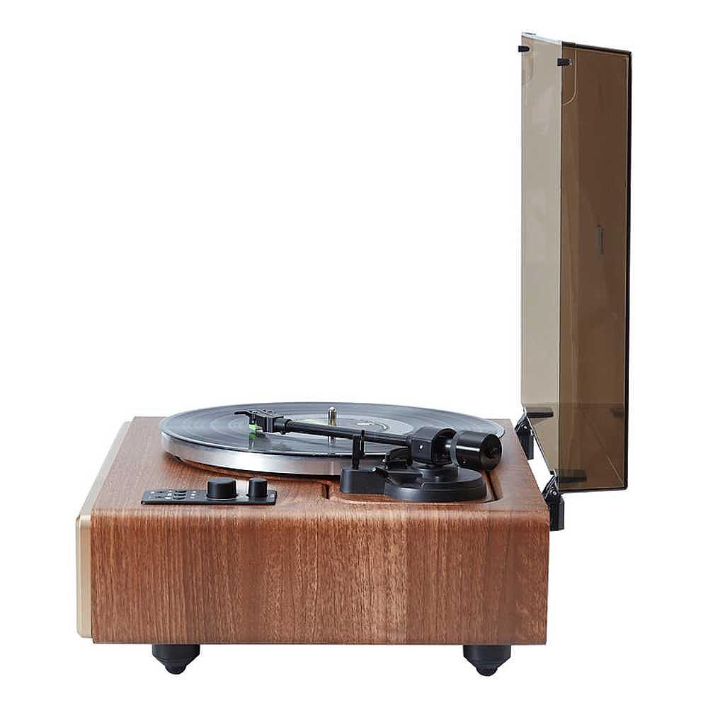 The image is a side view of Arkrocket Huygens Bluetooth Turntable with Built-in Speakers (Walnut) with the dust cover raised