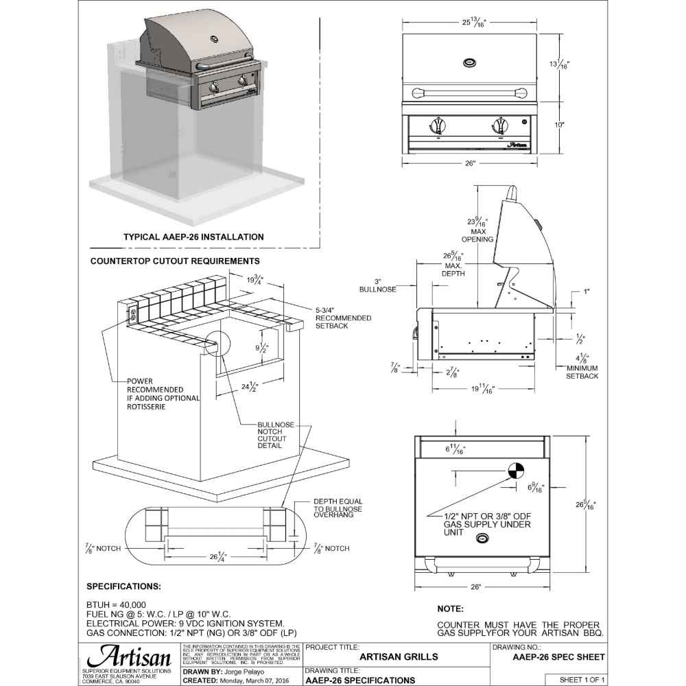 The image is a technical specification sheet for the Alfresco Grills American Eagle 26” Built-In Grill, 2 Burner