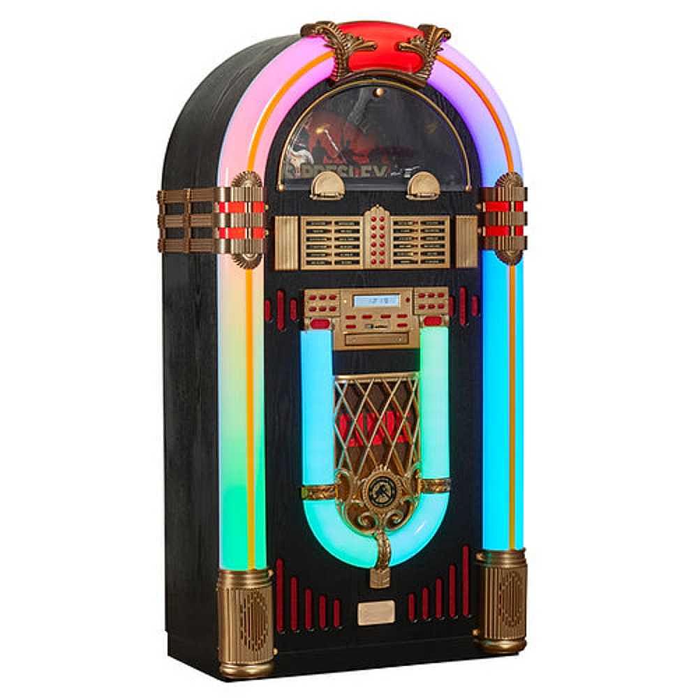 The image presents Arkrocket x Elvis Presley Saturn V Full Size Bluetooth Vinyl Record Jukebox standing tall with multicolor lights and classic retro design