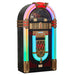 The image presents Arkrocket x Elvis Presley Saturn V Full Size Bluetooth Vinyl Record Jukebox standing tall with multicolor lights and classic retro design